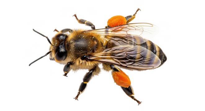 A closeup of a bee carrying pollen isolated on transparent background