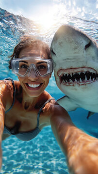 Une femme prenant un selfie amateur dans l'eau avec son ami requin, appareil photo sous-marin avec reflet du soleil &agrave; la surface de la mer.