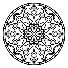 Geometric Mandala Design with Floral Center, Black and White Vector Illustration for Coloring Book Pages and Tattoo Designs.                          