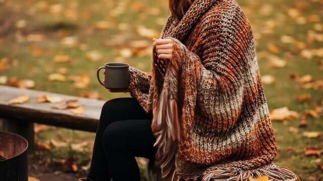 Cozy autumn scene: person in knit sweater enjoying warm drink by firepit amidst fallen leaves