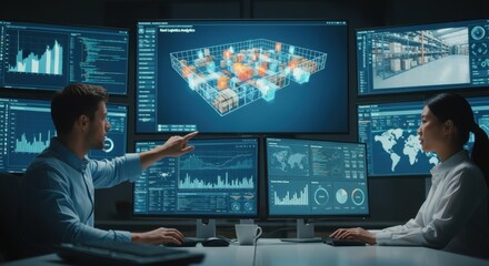 Control room with multiple monitors displaying realtime warehouse analytics and data.