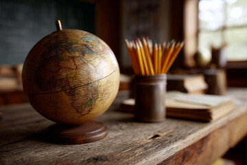 A globe sits on a desk next to a pencil case and a jar