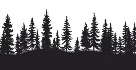 Obraz premium Beautifully illustrated, the silhouettes of fir trees stand out against a horizontal background of coniferous spruce patterns and black evergreen woods, forming a hand-drawn panorama of forest