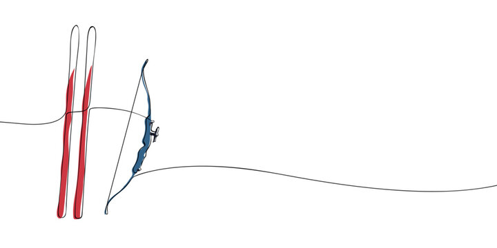 Continuous line colored drawing of red skis and blue biathlon bow. Minimalist linear illustration. Winter sports, biathlon and Olympic games concept.