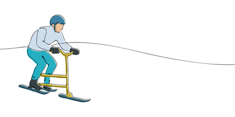 Skibob athlete riding snow bike drawn in continuous line with color fill. Minimalist vector illustration on white background. Winter cycling and snowbike sport concept for design and print.