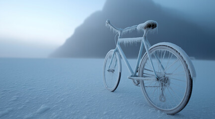 Fototapeta premium Ice-encrusted bicycle stands motionless in pristine snowy winter landscape.