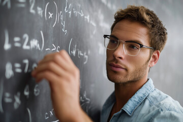 A man in glasses is writing on a blackboard with mathematical equations