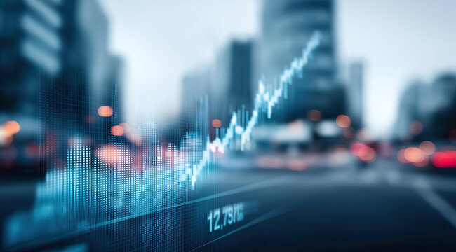 Digital financial charts display market trends against urban cityscape backdrop