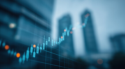Blue-toned financial candlestick charts display market trading data visualization.