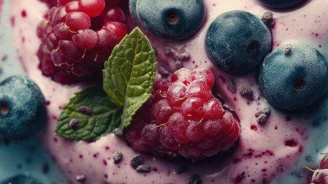 Close-up of a blueberry and raspberry smoothie with a dollop of whipped cream. The drink is vividly colored, indicating freshness.