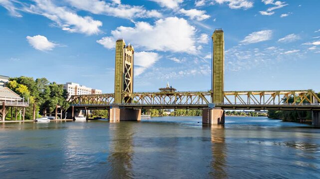 golden Tower Bridge over the Sacramento River. The bridge is the western downtown entry point to the city of Sacramento, capital of California	
