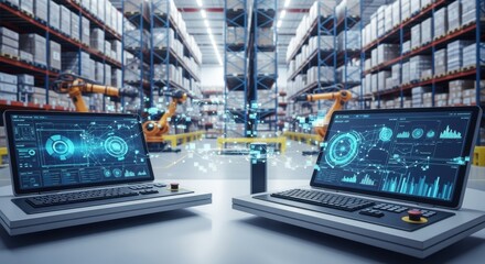 Smart warehouse environment with computerized control panels and visualized data linkages.
