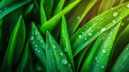 Naklejka premium Lush green leaves with water droplets glistening in bright sunlight
