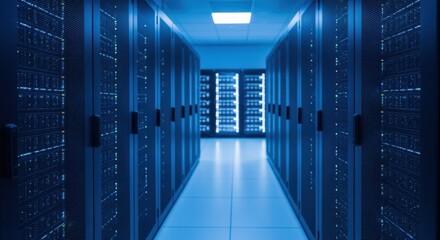 Modern data center with server racks storing and processing information, illuminated by flashing blue lights creating a futuristic technological atmosphere