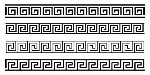 black and white greek key meander border collection four variations geometric maze patterns isolated on white background. 