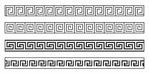 black and white greek key meander border patterns geometric decorative design elements classical isolated on white background.