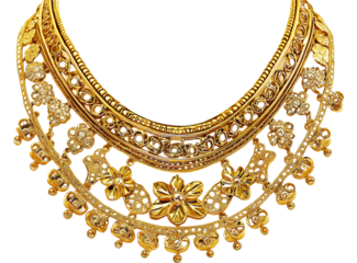 Gold necklace with filigree design, floral motifs and circular elements on the front of the neck piece.  (2)