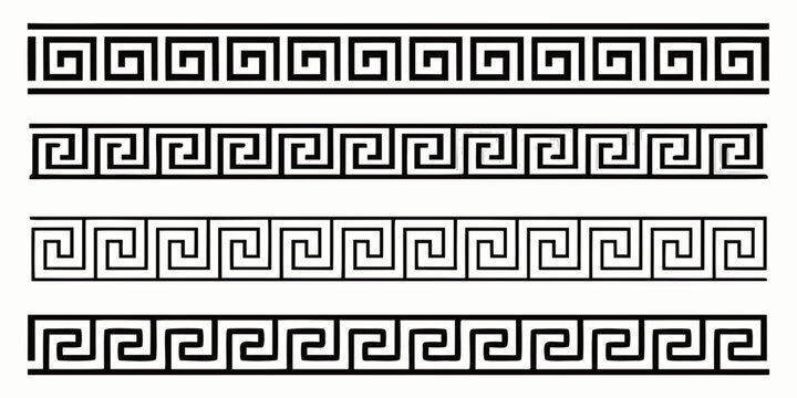 black and white greek key meander border collection four variations geometric maze patterns isolated on white background. 
