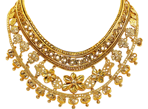 Gold necklace with filigree design, floral motifs and circular elements on the front of the neck piece.  (2)