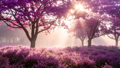 Blooming Purple Trees in Fog with Sunlight Streaming Through