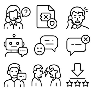 Customer Service Icons. Outline style icons of Customer Service Failure: unhelpful support icon, unresolved ticket, frustrated