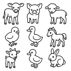 Fototapeta premium Baby Farm Animal Icons. Outline style icons of Baby Farm Animals: calf, piglet, lamb, chick, gosling, foal, kid goat, duckling,