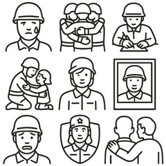 Fototapeta premium Soldier Emotions Icons. Outline style icons of Soldier Emotions and Humanity: soldier tear icon, group hug in uniform, writing