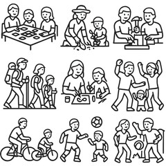 Naklejka premium Family Activity Icons. Outline style icons of Family Activities: board game night, gardening together, building project, outdoor