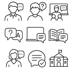 Educational Icon Set. Outline style icons of Educational Communication: teacher reply bubble, student question bubble, classroom