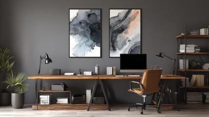 posters on grey wall above wooden desk with computer monitor in open space interior no logos no brands ar 169