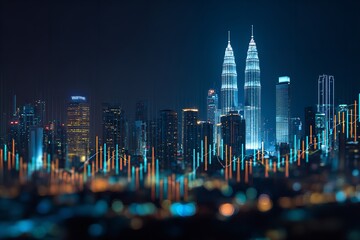 Kuala Lumpur cityscape illuminated at night with financial market chart overlay