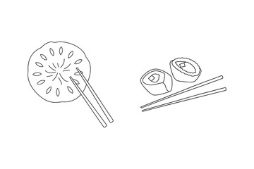 Sushi rolls and lotus root with chopsticks Japanese food