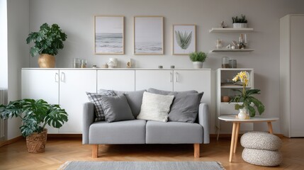 grey settee near white cupboard in minimal living room interior with posters on the wall real photo no logos no brands ar 169