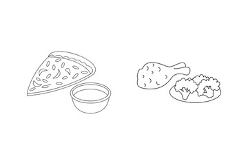 Pizza slice with dipping sauce and fried chicken with broccoli