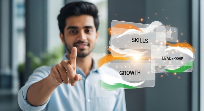 Young Indian Entrepreneur Promoting Skills and Growth with Tricolor Theme