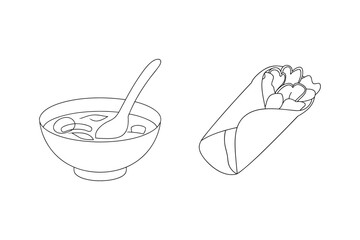 Bowl of soup with spoon and burrito food