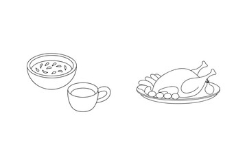 Roasted chicken with vegetables and soup meal dinner