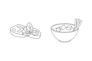 Simple food illustrations with basil and soup bowl