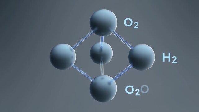 Vector molecule structure rotates in 3D-like flat design, atoms connected by animated bonds, labels fade in with chemical symbols (O₂, H₂O), smooth motion easing and clean transitions, soft scientific