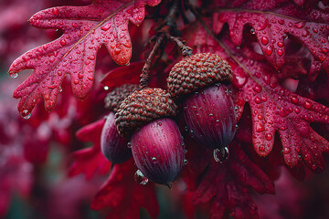 Closeup of red leaves with acorns on a rainy day