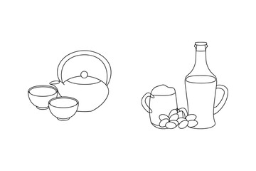 Teapot cups and bottle with grapes beverage