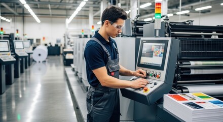 Skilled technician adjusting ink settings on a commercial printer press in a clean organized printing floor filled with industrial equipment.