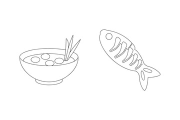 Bowl of soup with dumplings and a fish outline vector