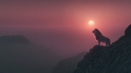 majestic lion silhouette on mountain peak with soft-focus sun and pastel gradient sky