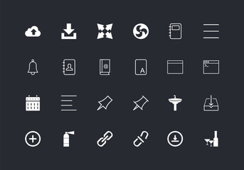 Collection of white minimalist icons representing various business and office functions on a dark background bundle 07