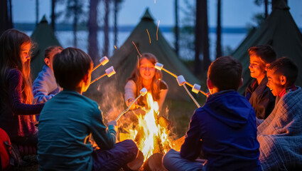 Group of kids sitting around a campfire at dusk, roasting marshmallows on sticks and enjoying warm light during summer camp evening