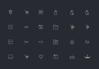 Collection of white minimalist icons representing various business and office functions on a dark background bundle 13
