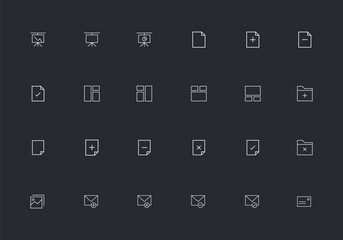 Collection of white minimalist icons representing various business and office functions on a dark background bundle 09