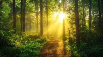 Fototapeta premium A tranquil forest glade is revealed at dawn, with light mist filtering through the trees, a soft carpet of moss and ferns underfoot, and delicate spider webs adorned with dew, all combining to create