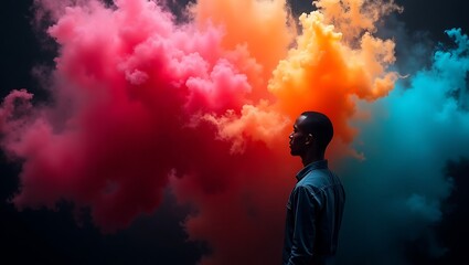Man silhouetted against vibrant explosion of colorful smoke and fog